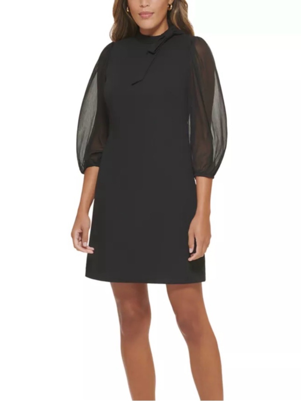 NWT Calvin Klein Black Mini Dress with Sheer Bishop Sleeves Tie neck size 10